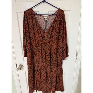 Ava & Viv Womens 3X Rust Brown Black Print Long Sleeve V Neck Empire Waist Dress